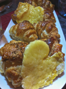 hearts shaped eggs served with croissants 