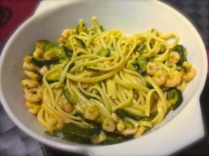 prawn courgette linguine served in a large bowl 