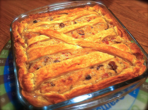 puffy pastry filled with bechamel, mushrooms and ham served warm