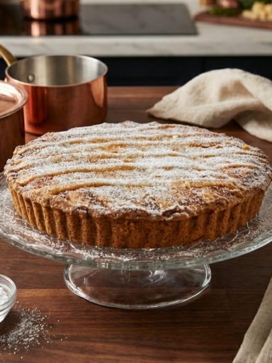 Pastiera Napoletana presentata su una alzata di vetro sopra un tavolo - Ale simple recipe.