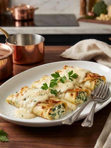 Savoury Crepes with Ricotta Cheese, Spinach and Bechamel Sauce
