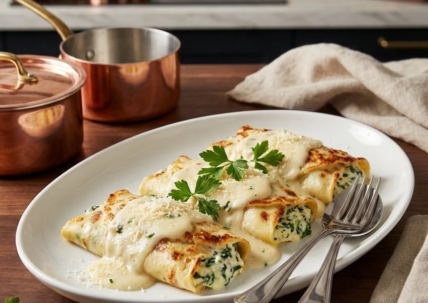 Savoury Crepes with Ricotta Cheese, Spinach and Bechamel Sauce
